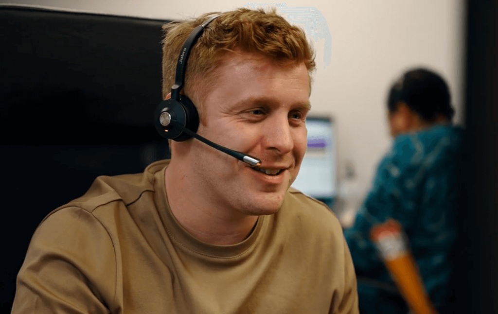 video thumbnail of person talking on a headset